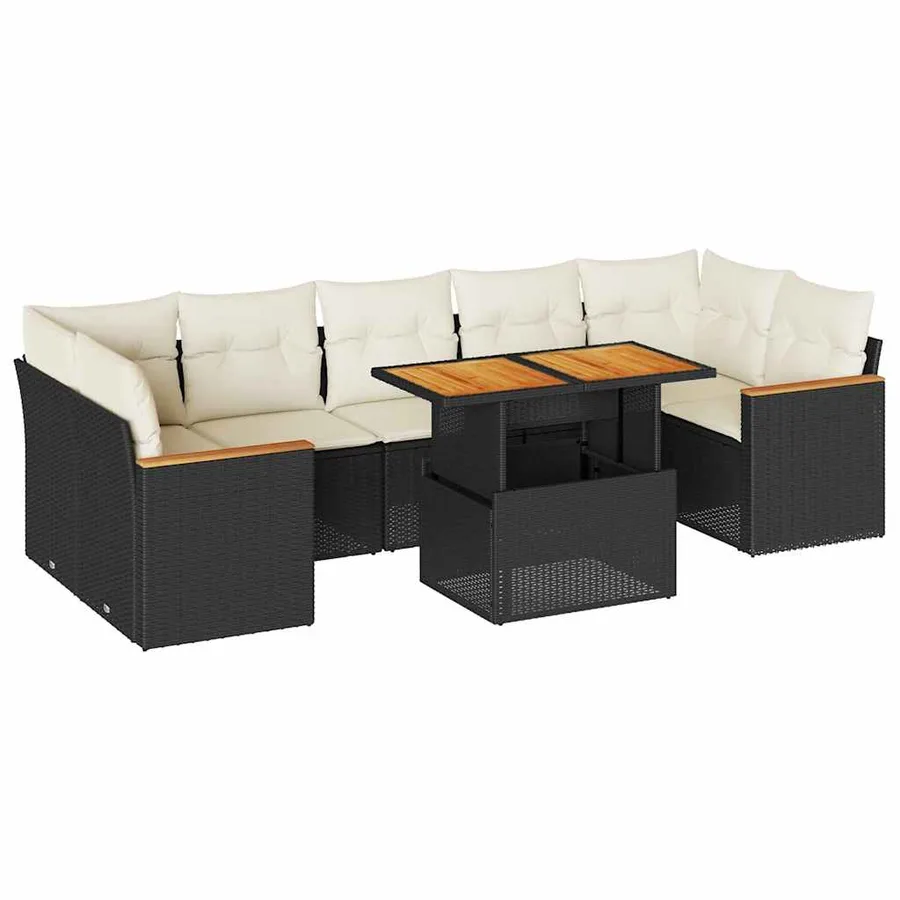Salon de jardin avec coussins 8 pcs noir résine tressée acacia - 2
