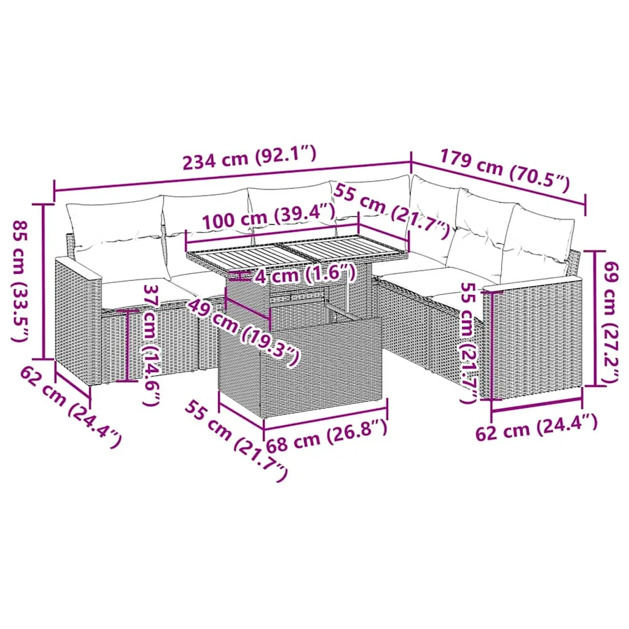 Salon de jardin avec coussins 7 pcs noir résine tressée acacia - 15