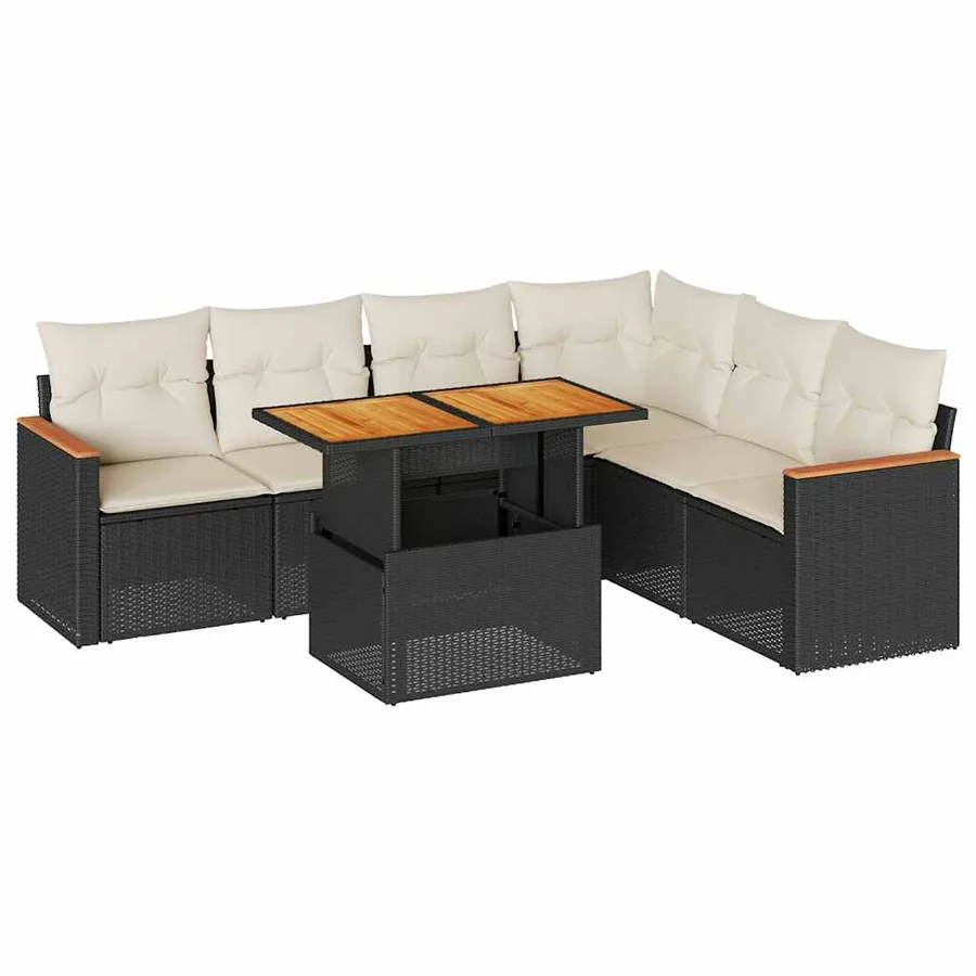 Salon de jardin avec coussins 7 pcs noir résine tressée acacia - 2