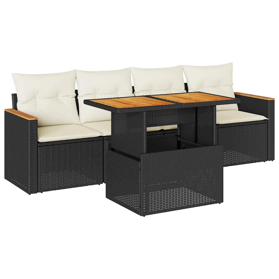 Salon de jardin 5 pcs avec coussins noir résine tressée acacia - 2