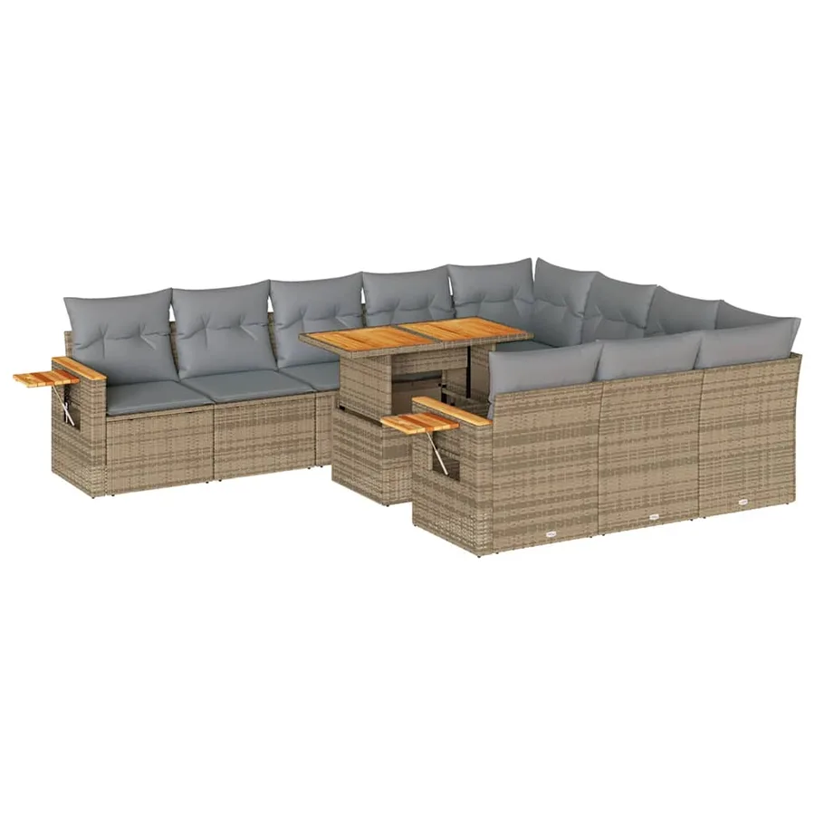 Salon de jardin 11pcs avec coussins beige résine tressée acacia - 2