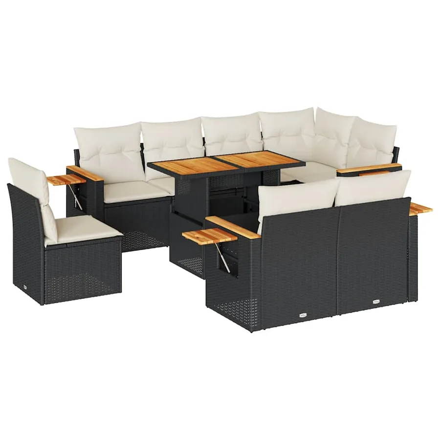 Salon de jardin avec coussins 9 pcs noir résine tressée acacia - 2