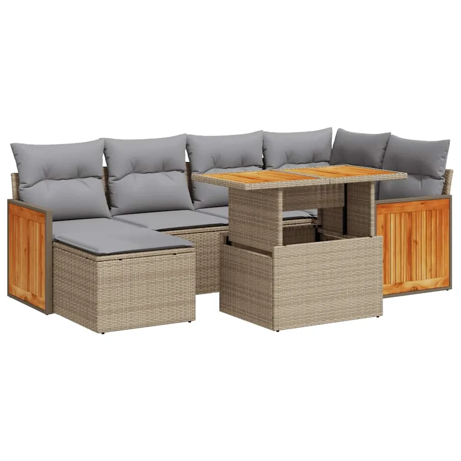 Salon de jardin avec coussins 7 pcs beige résine tressée acacia - 2