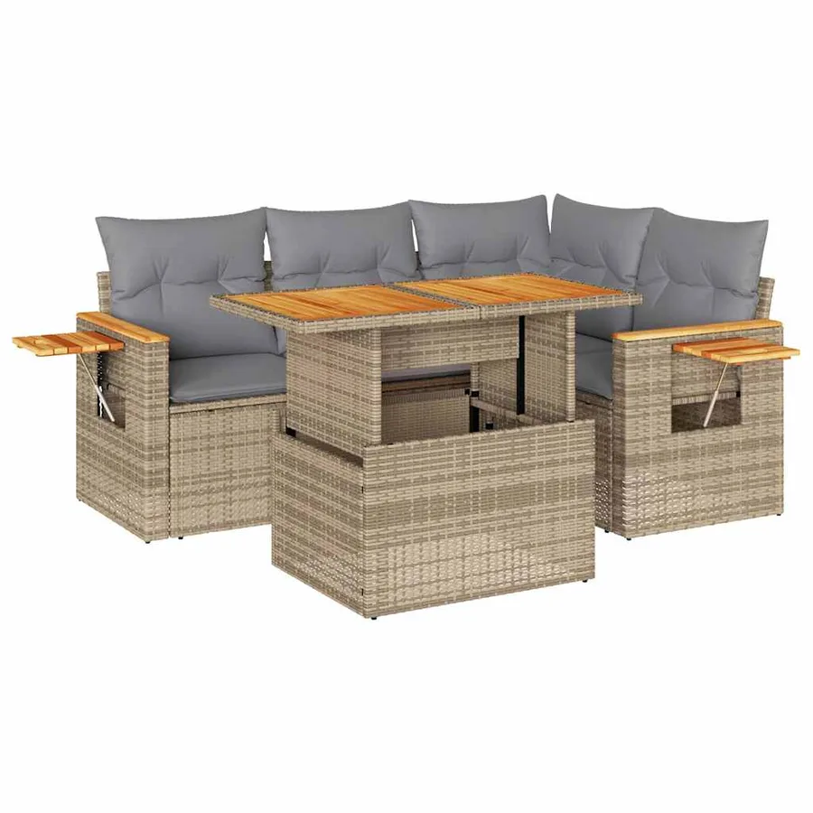 Salon de jardin avec coussins 5 pcs beige résine tressée acacia - 2