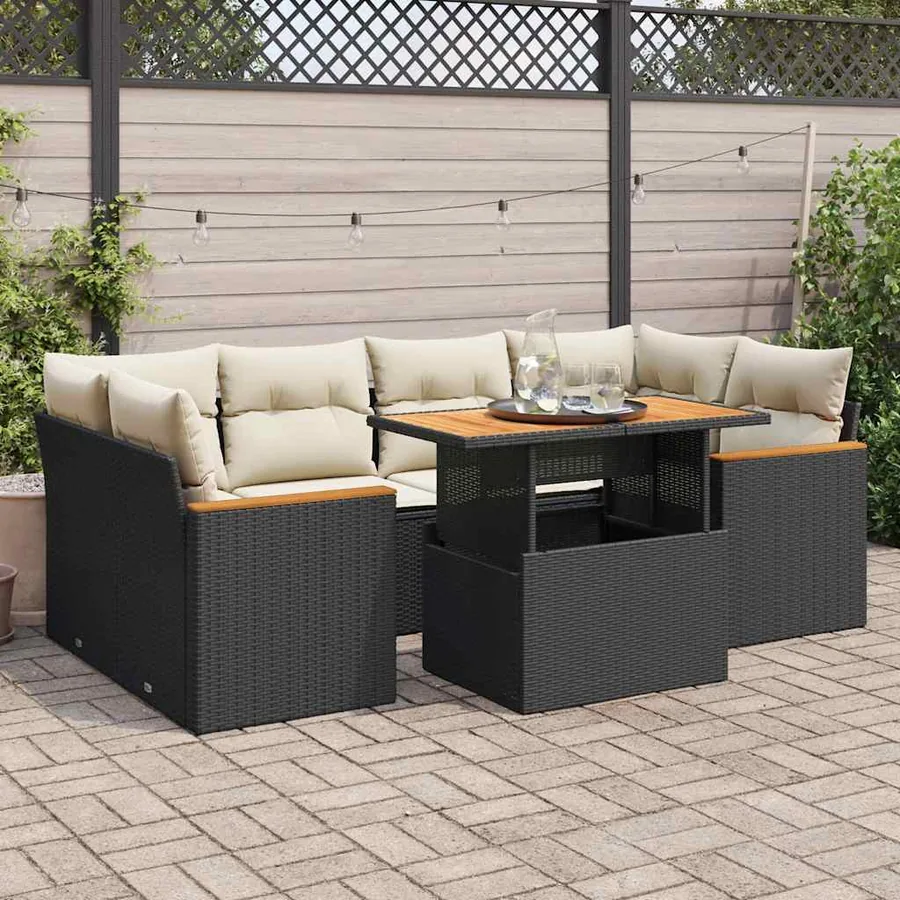 Salon de jardin 6 pcs avec coussins noir résine tressée acacia