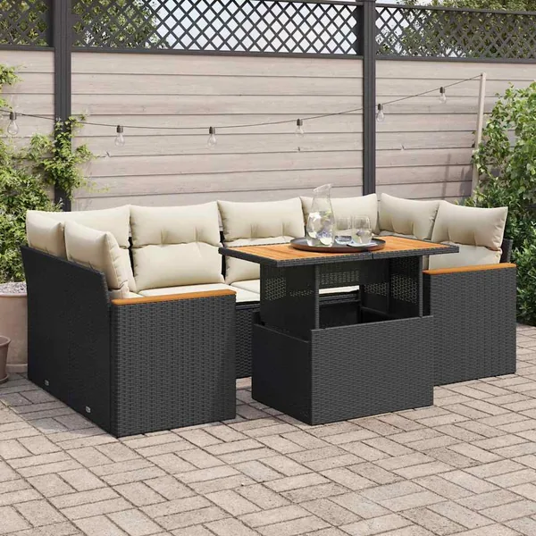 Salon de jardin 6 pcs avec coussins noir résine tressée acacia