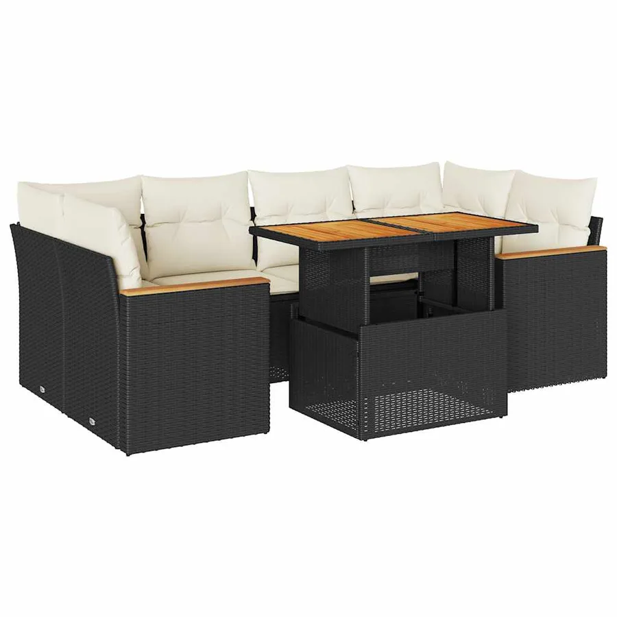 Salon de jardin 6 pcs avec coussins noir résine tressée acacia - 2