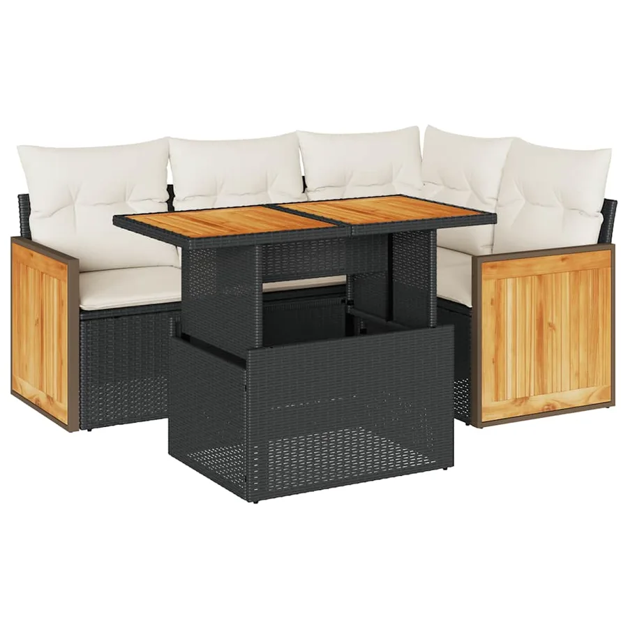Salon de jardin 5 pcs avec coussins noir résine tressée acacia - 2