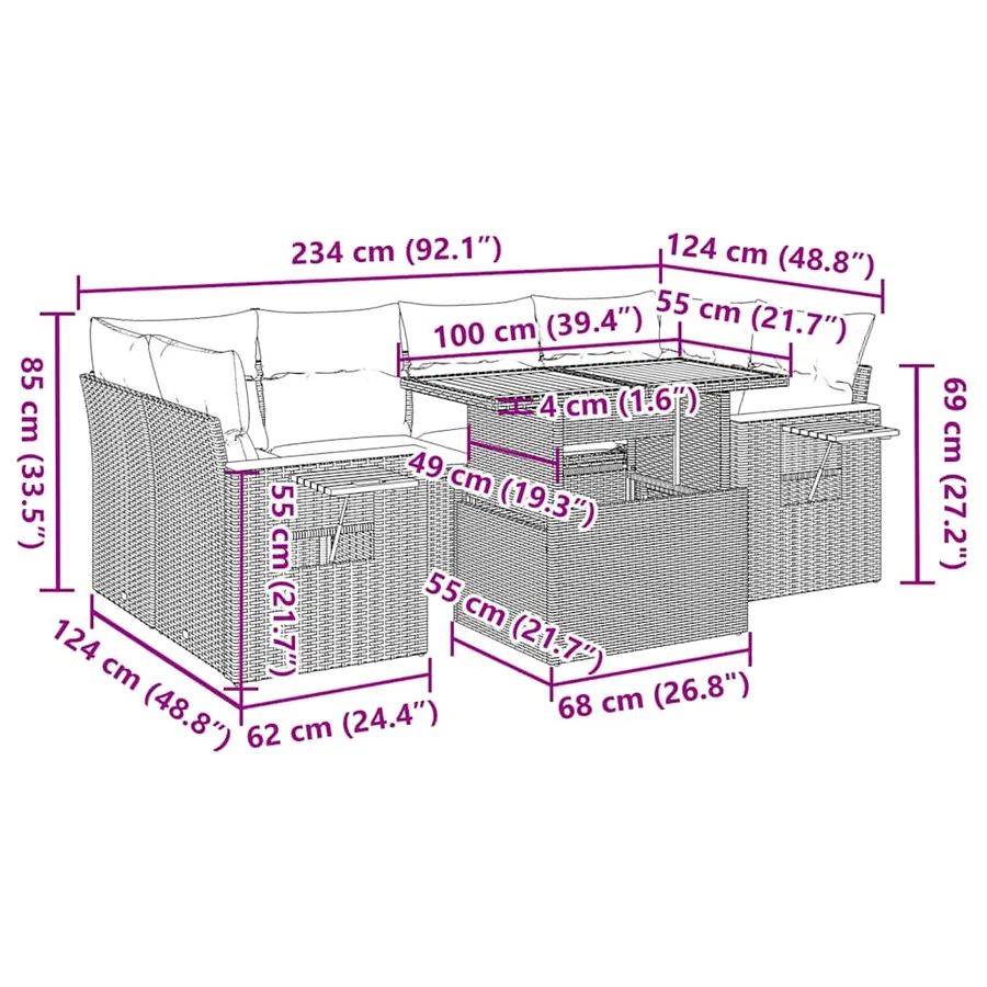 Salon de jardin avec coussins 7 pcs noir résine tressée acacia - 16