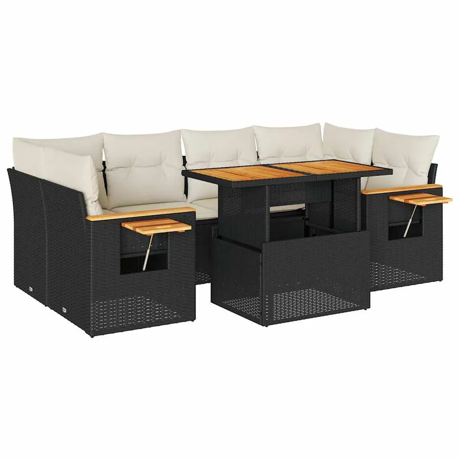Salon de jardin avec coussins 7 pcs noir résine tressée acacia - 2