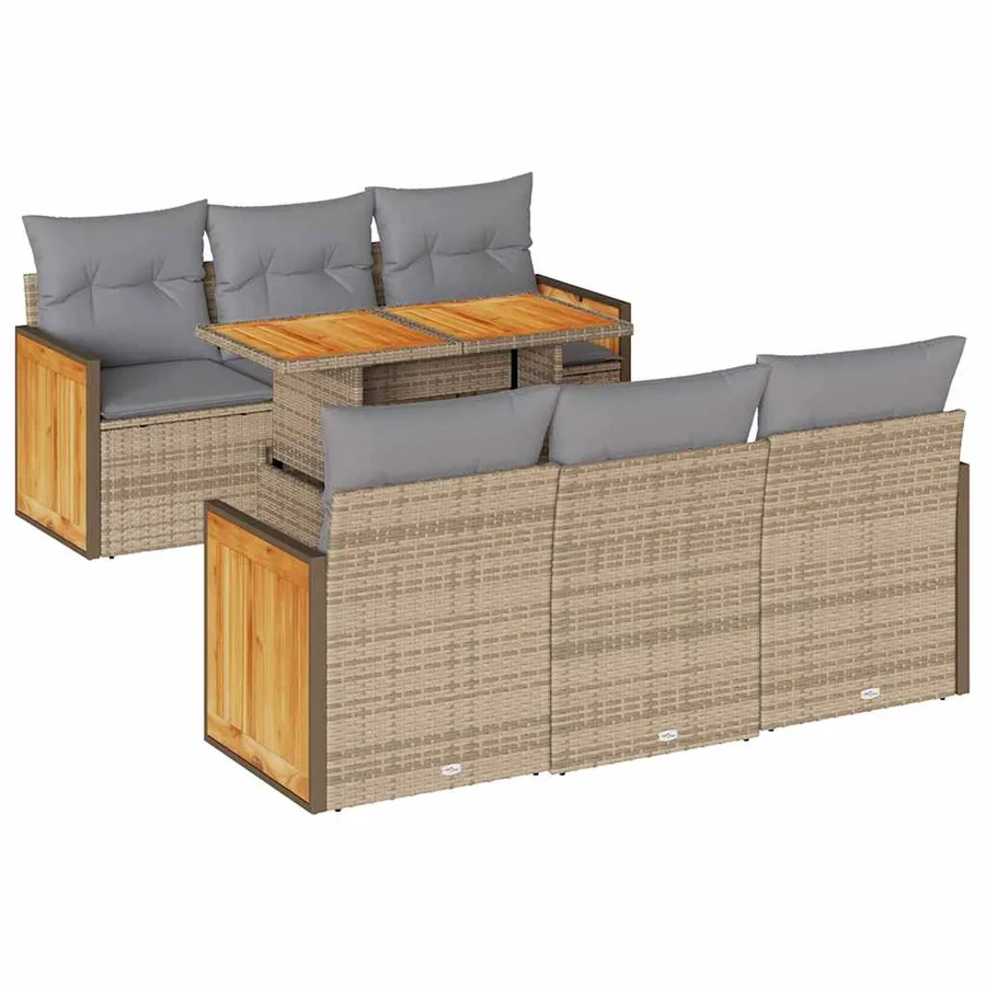 Salon de jardin avec coussins 7 pcs beige résine tressée acacia - 2