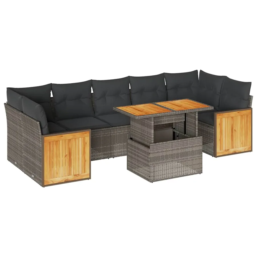 Salon de jardin avec coussins 8 pcs gris résine tressée acacia - 2