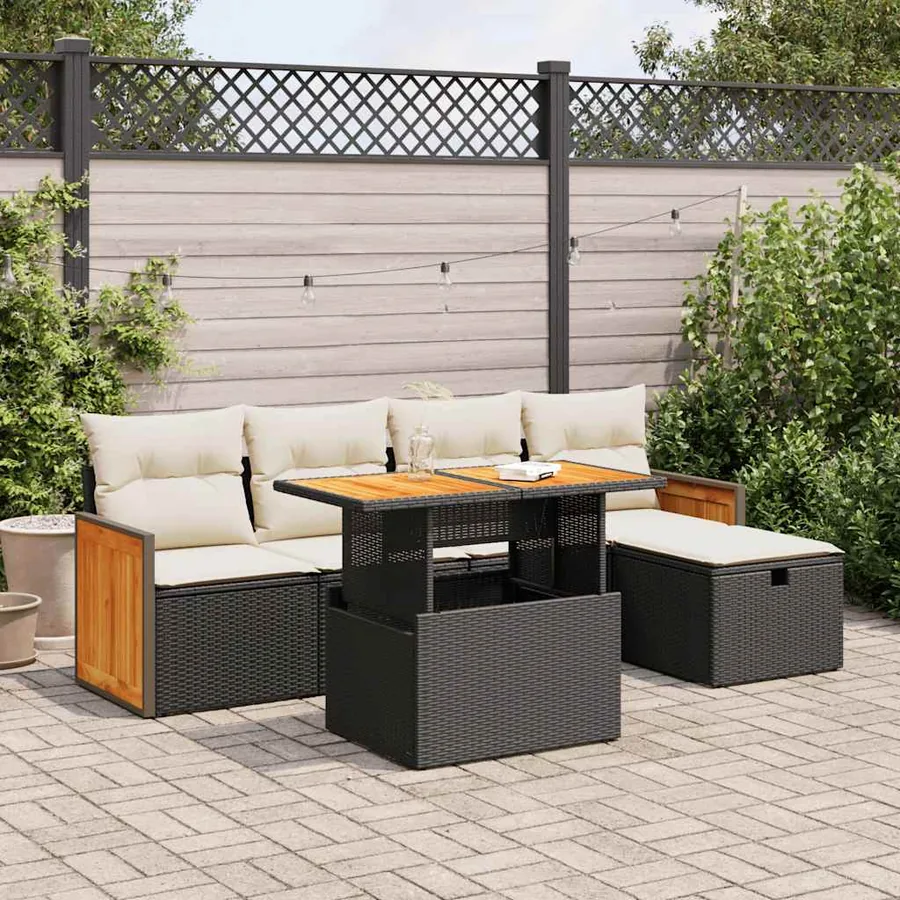 Salon de jardin 6 pcs avec coussins noir résine tressée