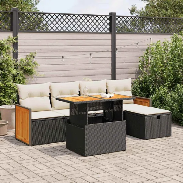 Salon de jardin 6 pcs avec coussins noir résine tressée