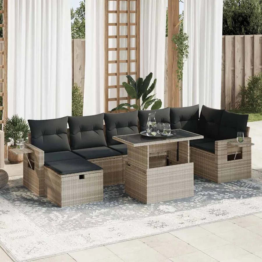 Salon de jardin 8 pcs avec coussins gris clair résine tressée