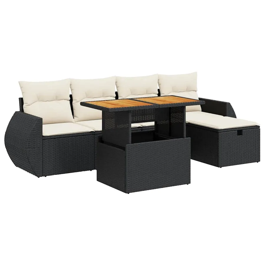 Salon de jardin 6 pcs avec coussins noir résine tressée acacia - 2