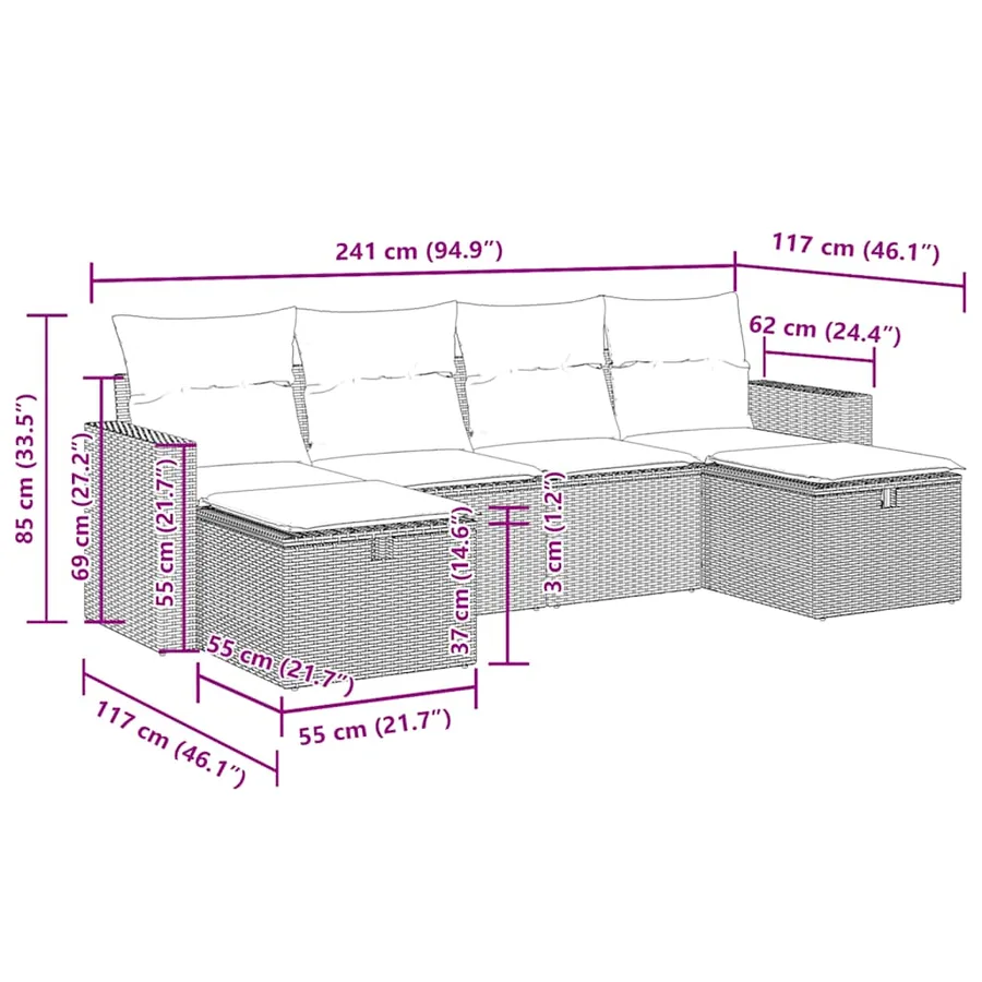 Salon de jardin 6 pcs avec coussins gris clair résine tressée - 12