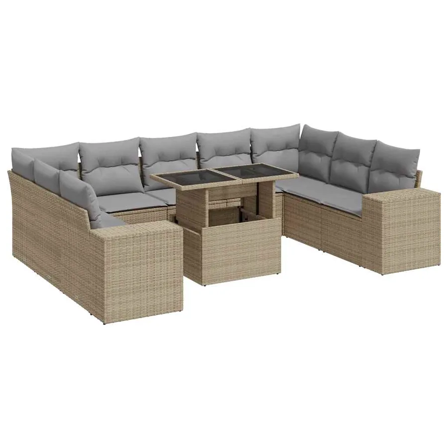 Salon de jardin avec coussins 10 pcs beige résine tressée - 2