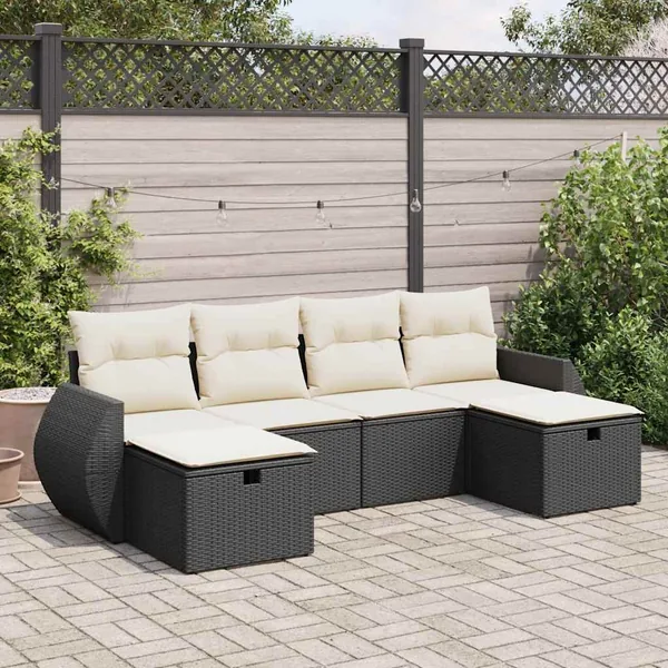 Salon de jardin 6 pcs avec coussins noir résine tressée