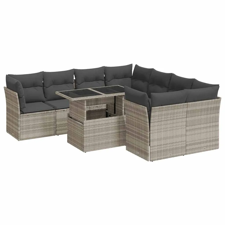 Salon de jardin 9 pcs avec coussins gris clair résine tressée - 2