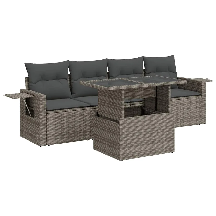 Salon de jardin 5 pcs avec coussins gris résine tressée - 2