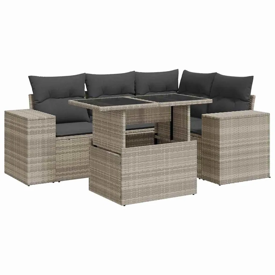 Salon de jardin 5 pcs avec coussins gris clair résine tressée - 2