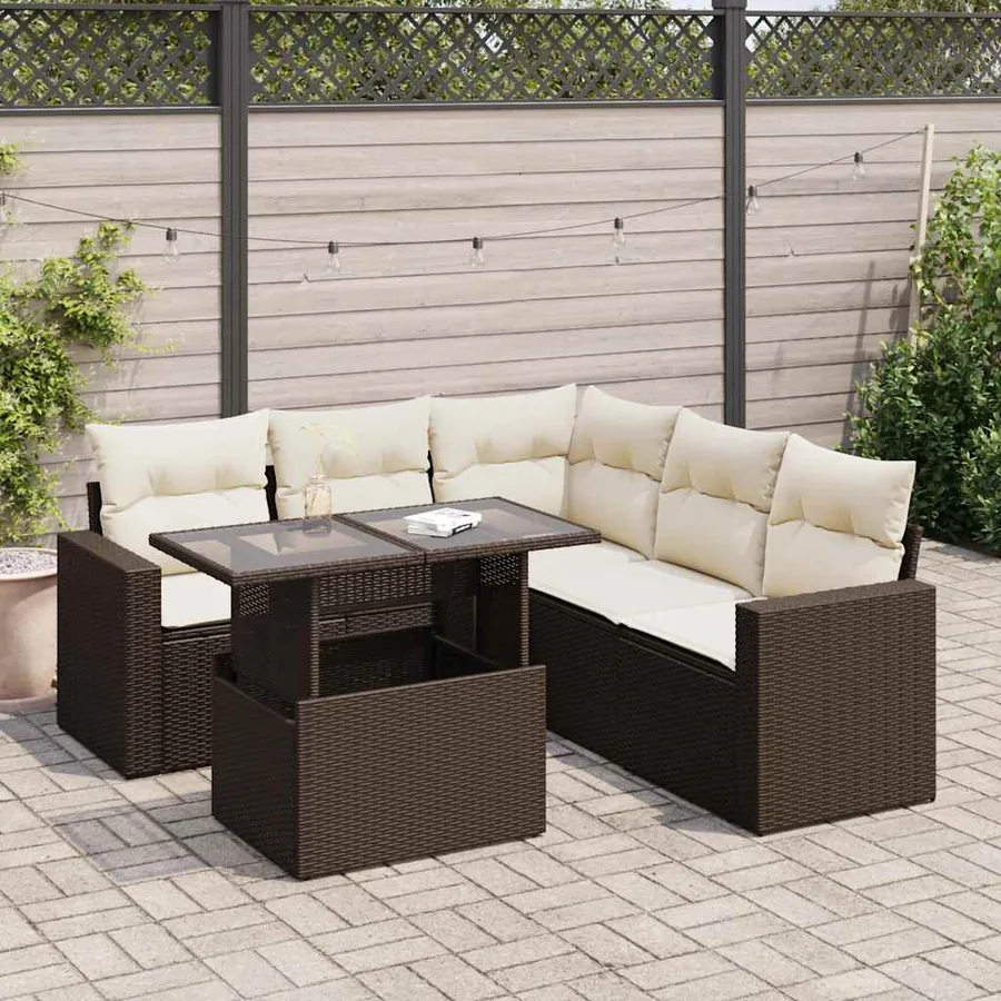 Salon de jardin avec coussins 6 pcs marron résine tressée
