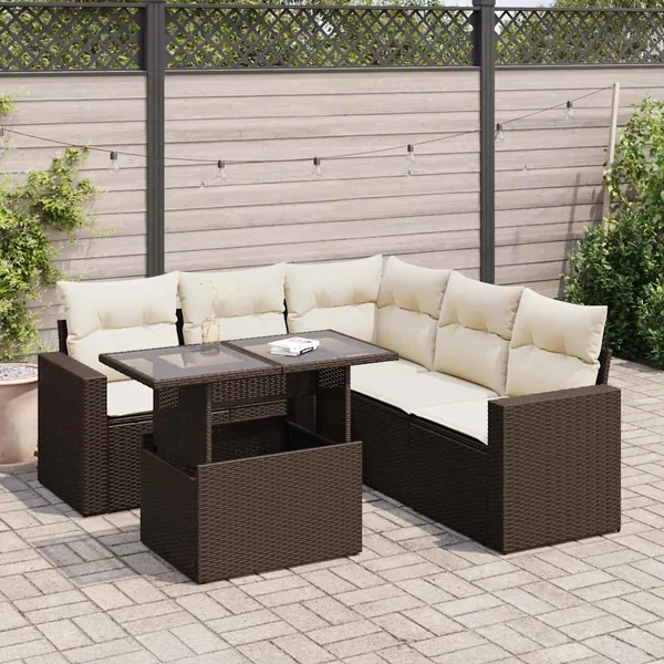 Salon de jardin avec coussins 6 pcs marron résine tressée