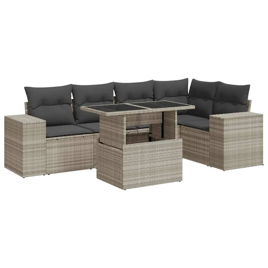 Salon de jardin 6 pcs avec coussins gris clair résine tressée - 2