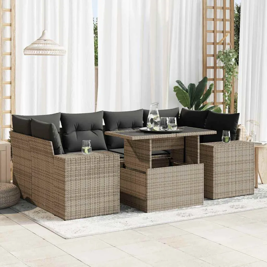 Salon de jardin avec coussins 7 pcs gris résine tressée