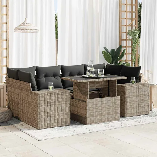 Salon de jardin avec coussins 7 pcs gris résine tressée