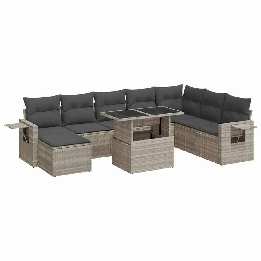 Salon de jardin 9 pcs avec coussins gris clair résine tressée - 2