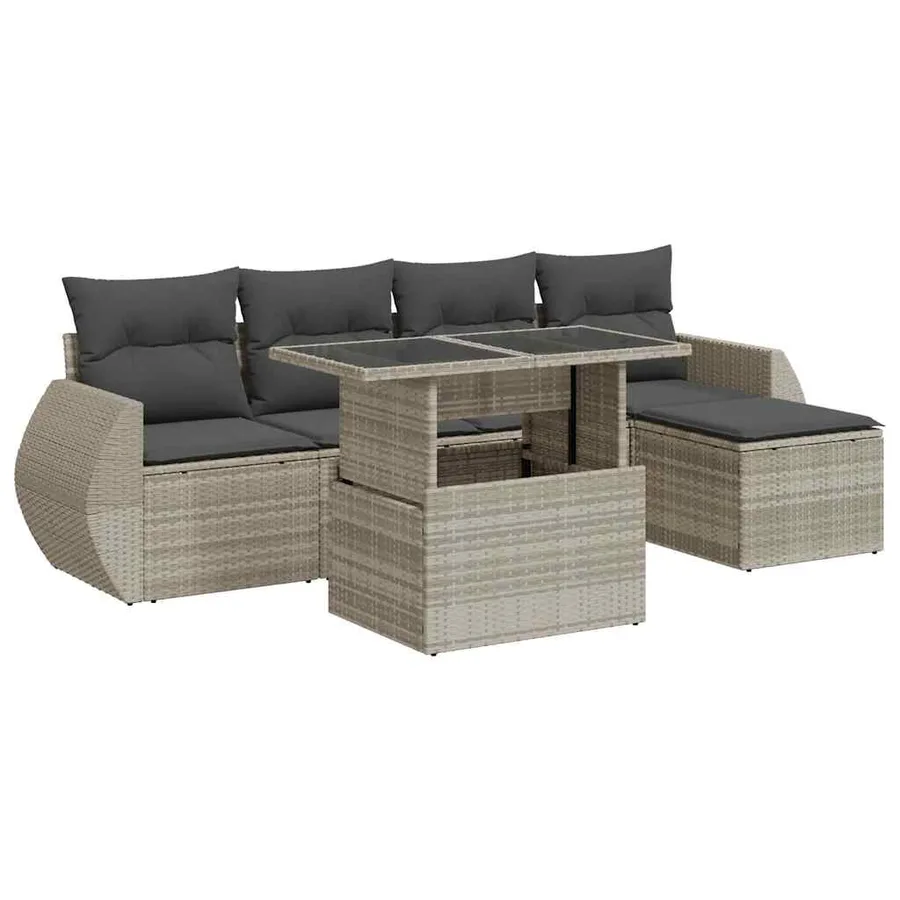 Salon de jardin 6 pcs avec coussins gris clair résine tressée - 2