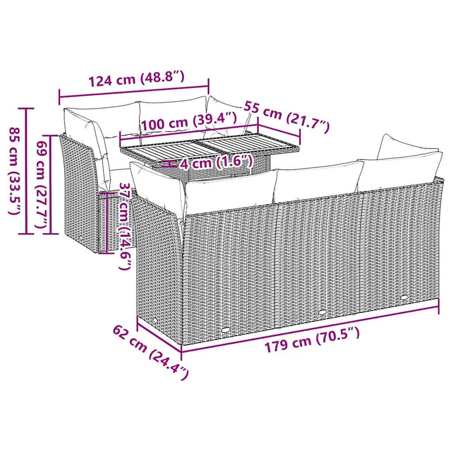 Salon de jardin 6 pcs avec coussins gris résine tressée - 11