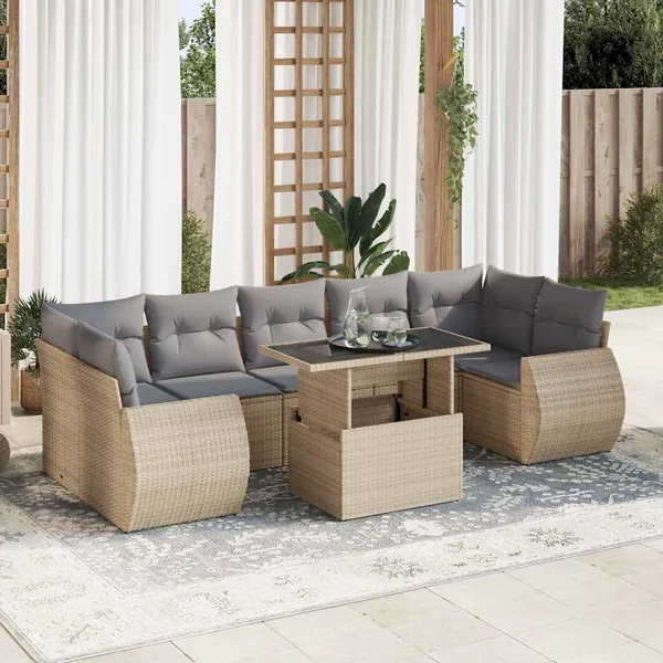 Salon de jardin avec coussins 8 pcs beige résine tressée