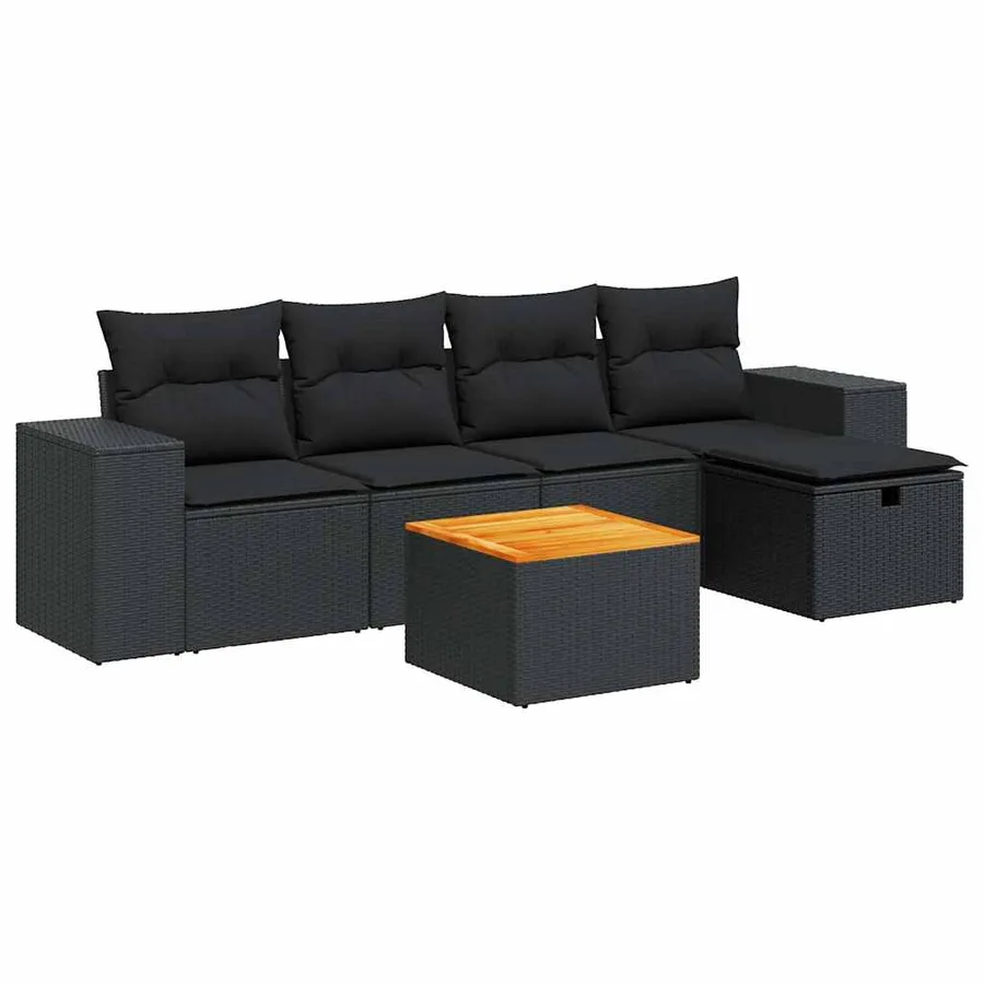 Salon de jardin 6 pcs avec coussins noir résine tressée - 2