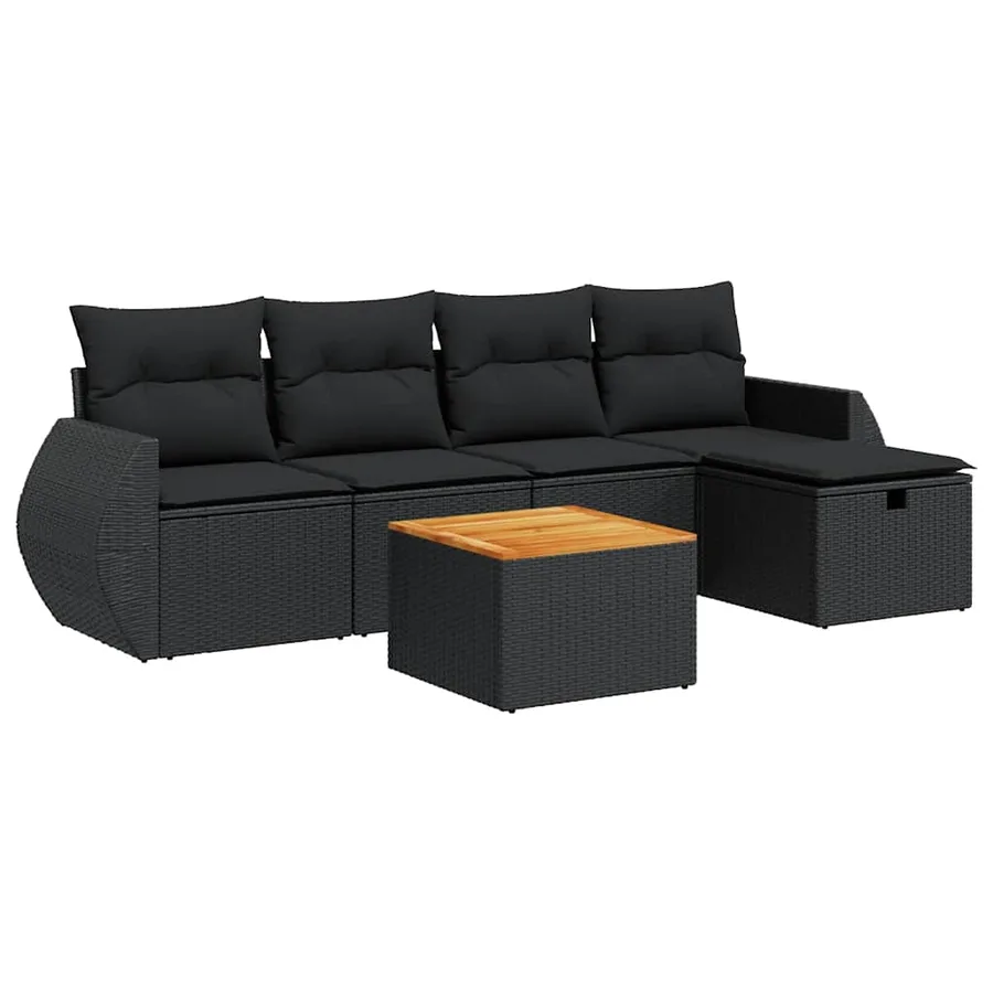 Salon de jardin 6 pcs avec coussins noir résine tressée - 2