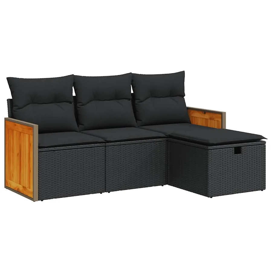 Salon de jardin 4 pcs avec coussins noir résine tressée - 2