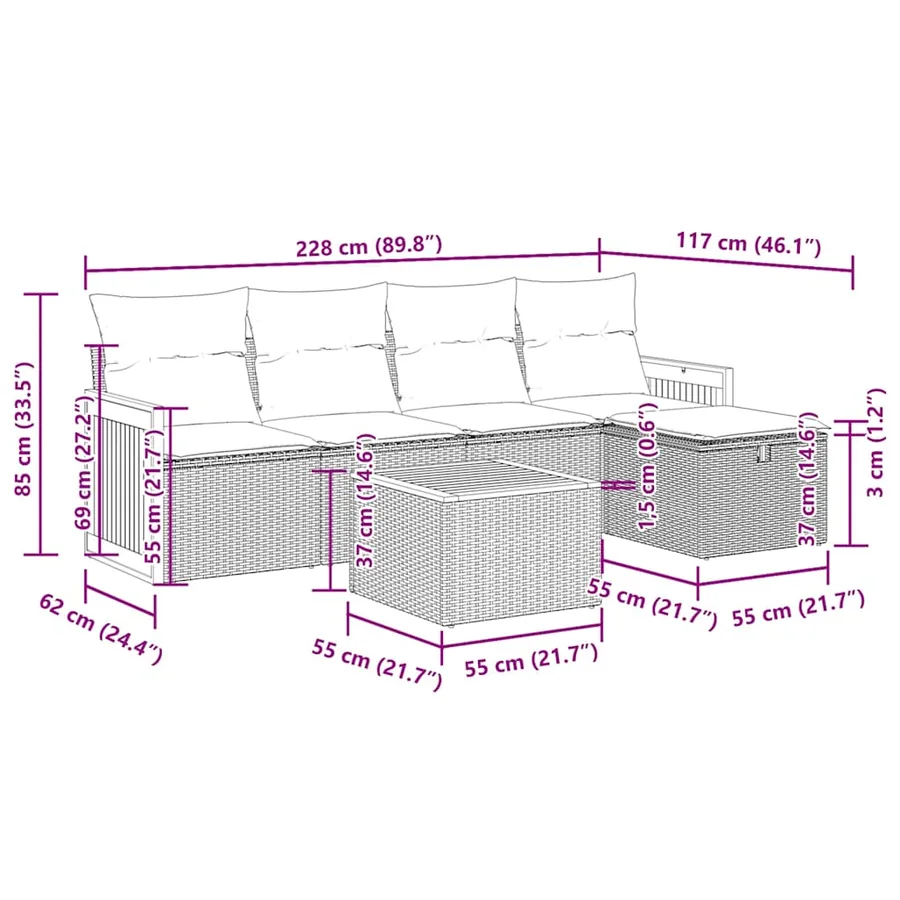 Salon de jardin 6 pcs avec coussins noir résine tressée - 13