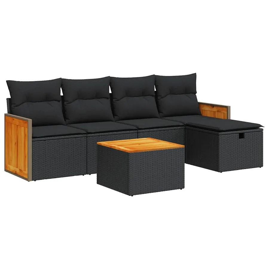 Salon de jardin 6 pcs avec coussins noir résine tressée - 2