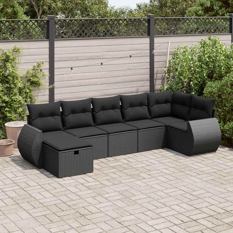 Salon de jardin 7 pcs avec coussins noir résine tressée 71 x 62 x 69 cm - 59,6 kg