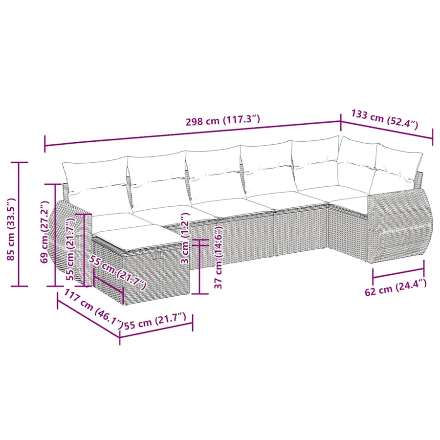 Salon de jardin 7 pcs avec coussins noir résine tressée 71 x 62 x 69 cm - 59,6 kg - 14