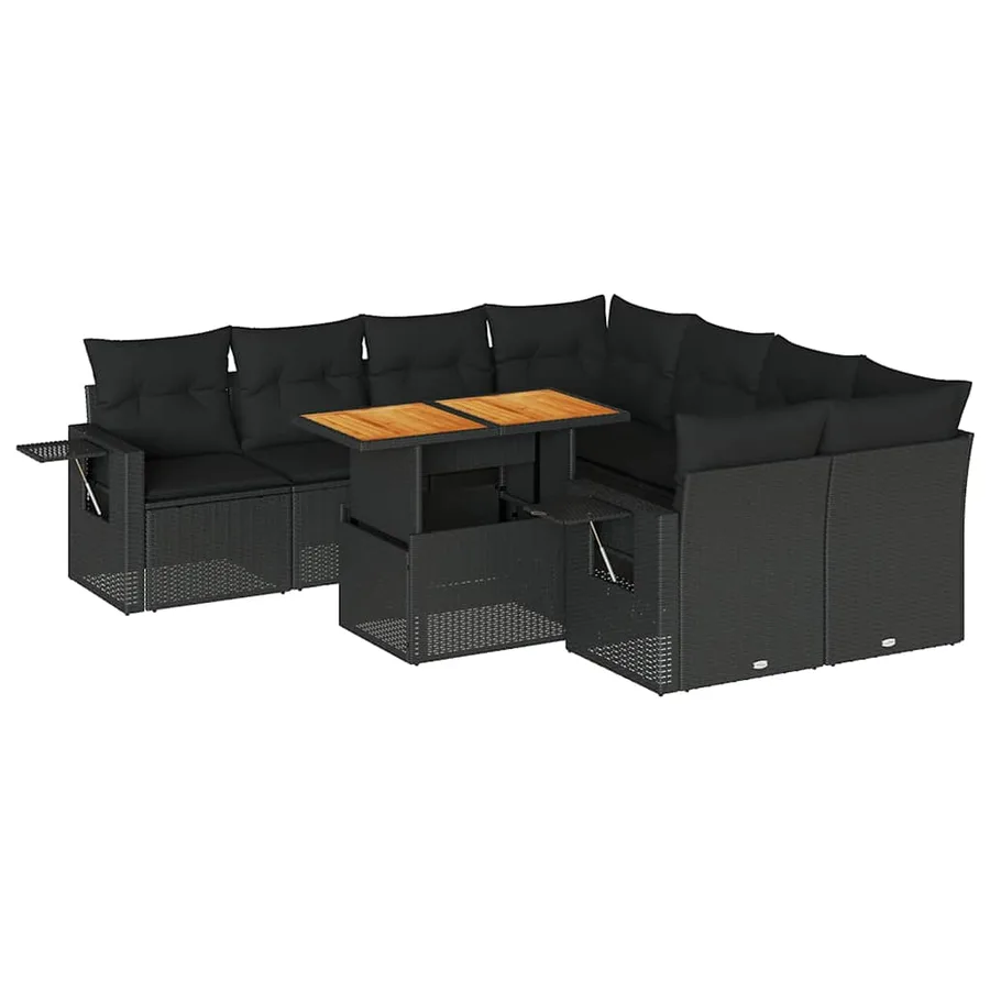 Salon de jardin 9 pcs avec coussins noir résine tressée - 2