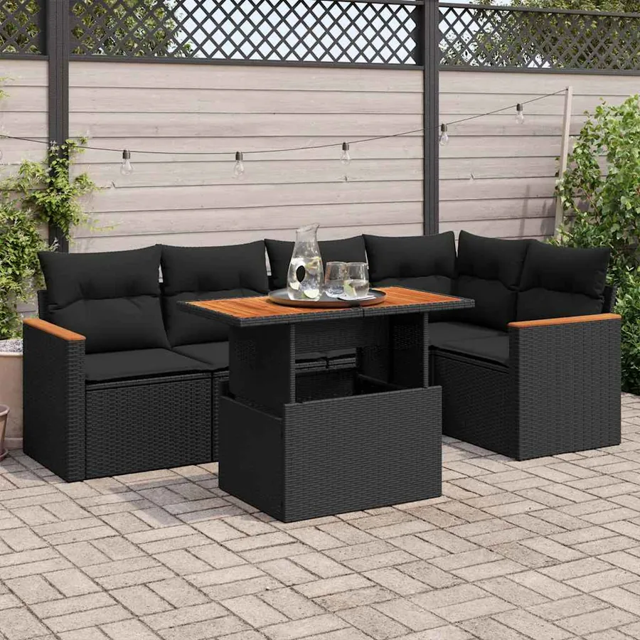 Salon de jardin 6 pcs avec coussins noir résine tressée acacia