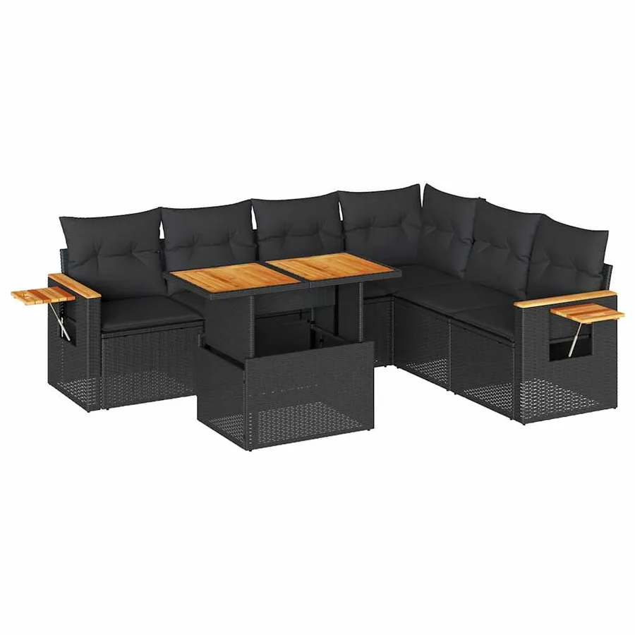 Salon de jardin avec coussins 7 pcs noir résine tressée acacia - 2