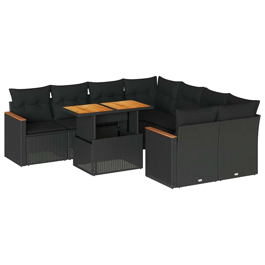 Salon de jardin avec coussins 9 pcs noir résine tressée acacia - 2