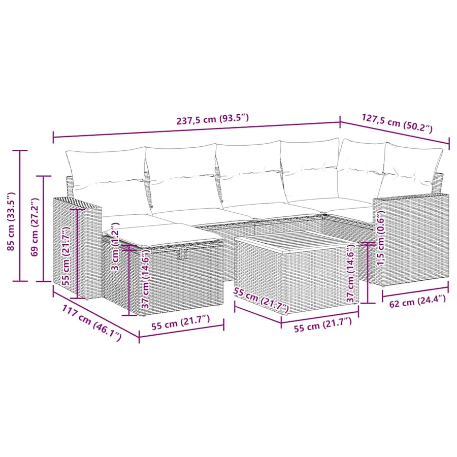 Salon de jardin 7 pcs avec coussins noir résine tressée 65,5 x 62 x 69 cm - 58,4 kg - 14
