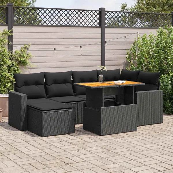 Salon de jardin 7 pcs avec coussins noir résine tressée 62 x 62 x 69 cm - 63,6 kg