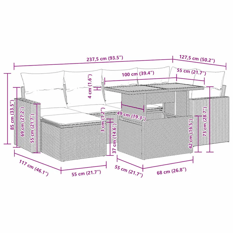 Salon de jardin 7 pcs avec coussins noir résine tressée 62 x 62 x 69 cm - 63,6 kg - 13
