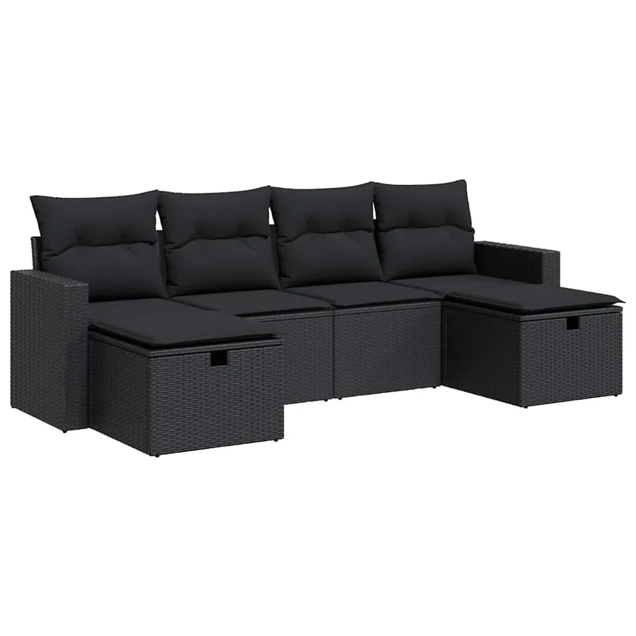 Salon de jardin 6 pcs avec coussins noir résine tressée - 2